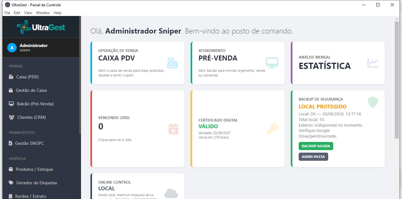 Painel de controle do UltraGest para farmácias e drogarias